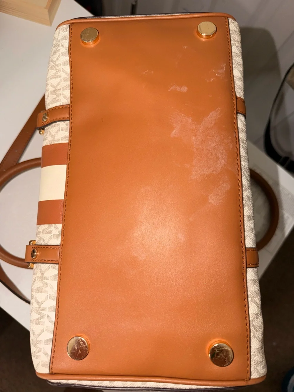 Michael Kors Tan and White Signature Stripe Satchel